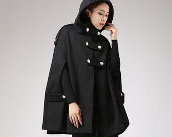 Black Wool Cape Coat, Hooded Cape coat, Women cape, Military cape coat, Winter Cape, Plus Size cape, Poncho Cape, Wool Cloak, Xiaolizi 0698#