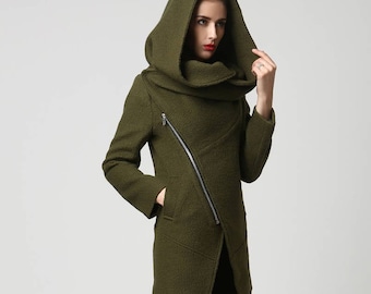 Womens coats with hood, wool coat, winter coat ladies, Army green coat, short coat, hooded coat, Asymmetrical coat, warm winter coat 1128#