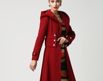 Wine red wool coat winter women coat hooded coat (1354)