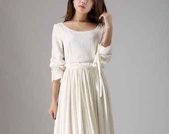 Linen dress white, off white dress, Maxi dress for women, fit and flare wedding dress, long sleeve dress, ruffle dress, pleated dress 0838#