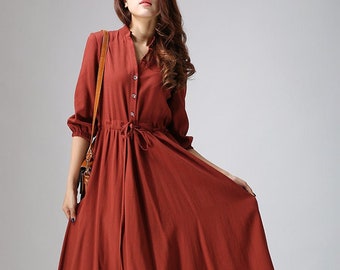 chinese dress ladies MILIO Milano Red Flame Linen Pinstripe Shirt Dress Medium main image 1