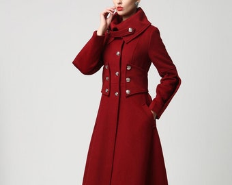 Wollmantel, Wintermantel Damen, Roter Wollmantel, Langer Wollmantel, Militärmantel Frauen, warmer Wintermantel, Wollmantel Frauen, Wollkleidung 1118 #