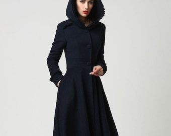 Long wool coat, Vintage inspired Navy Wool Swing coat, Womens coats, Wool Coat winter, Hooded Coat, Custom made coat, mod clothing  1102#