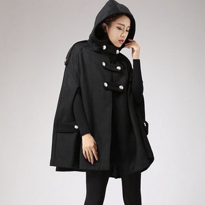 Black Wool Cape Coat Women, Military Wool Cape, Winter Wool Black Wool Cape Coat Women, Military Wool Cape, Winter Wool
