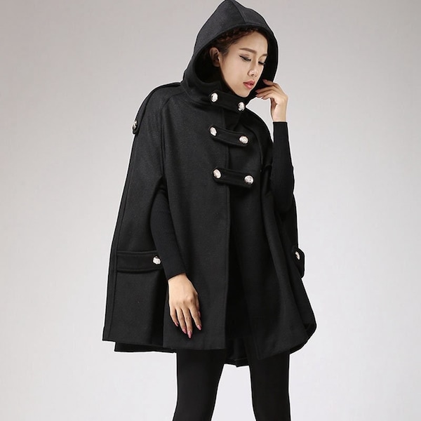 Manteau cape en laine noire, manteau cape à capuche, cape pour femme, manteau cape militaire, cape d'hiver, cape grande taille, cape poncho, cape en laine, Xiaolizi 0698#