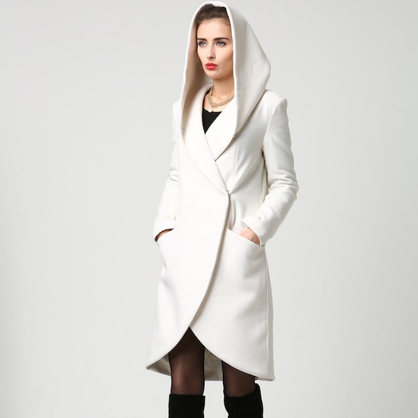 Wrap coat, wool coat, white coat, hooded coat, winter coat, short coat, womens coats, casual coat, mod clothing, custom made  1119