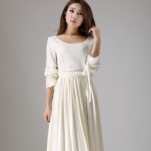 Linen dress white, off white dress, Maxi dress for women, fit and flare wedding dress, long sleeve dress, ruffle dress, pleated dress 0838#