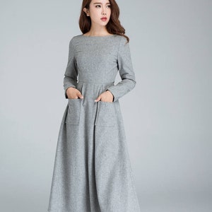 wool dress, dress with pockets, light grey dress, winter dress, designers dress, handmade dress, long dress, womens dresses, gift  1620#
