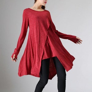 Asymmetric Tunic top, Red Knit Tunic, Plus size tunic, Loose fit knit tunic, Casual knit tops, women spring tops, xiaolizi 0969
