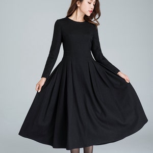 Long black dress, wool dress, winter dress, long women dresses, pleated dress, handmade dress, ladies dresses, long sleeve dress 1614 1-Black