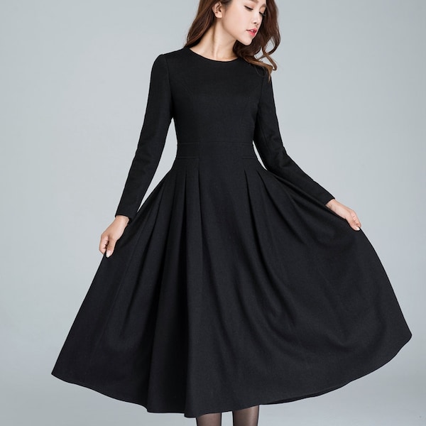 Long black dress, wool dress, winter dress, long women dresses, pleated dress, handmade dress, ladies dresses, long sleeve dress 1614