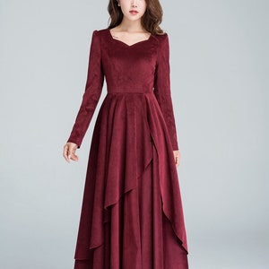 Burgundy corduroy dress, Long sleeve Cocktail dress, Maxi dress, Long dress, party dress, wedding dress, layered dress, fall dress  1612#