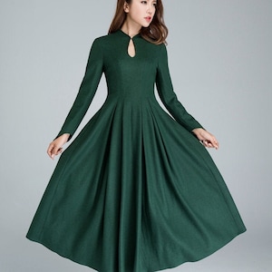 Vintage Inspired Winter Wool Dress Women, Mandarin Collar Wool Dress, A-Line Green Wool Dress, Retro Swing Long Dress, Xiaolizi 1621 1-green