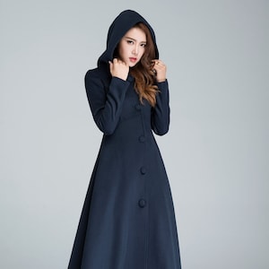 Long Wool coat, Women's Winter coat, hooded coat, Maxi coat, Navy blue coat,  Hooded wool coat, coat, Maxi coat, Vintage clothing  1637#