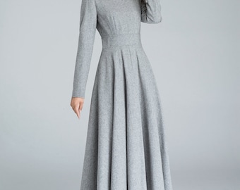 Long sleeve wool dress, Gray dress, Wool dress, woman dress, fit and flare dress, Swing dress, Vintage dress, Autumn winter dress 1616#