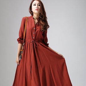 Rust Red Linen Shirt Dress, Casual Linen Maxi Dress with Drawstring, Custom Long Sleeve Swing Dress, Button down Retro Fall Dress 0804 red rust-0804