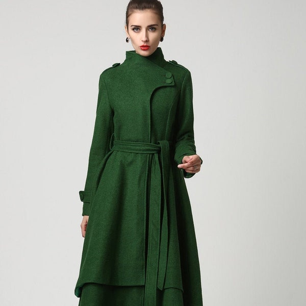 Long Wool coat, Wool coat women, Green wool coat, Asymmetrical coat, Gothic coat, Winter coat women, Belted wool coat, Made to order 1112#