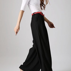 Black linen pants outfit summer casual street styles, Women's Wide leg linen pants with pockets, Long linen palazzo pants 0873 image 1