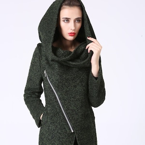 Womens coats with hood, wool coat, winter coat ladies, Moss green coat, short coat, hooded coat, Asymmetrical coat, warm winter coat 1056#