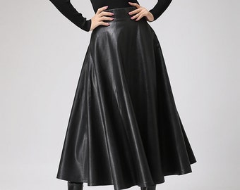 Black faux leather skirt - Classic style maxi skirt - women PU vegan flared skirt - circle skirt - designer woman's skirt - plus size 0719