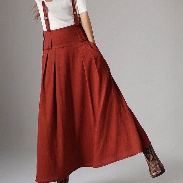 Linen Suspender Skirt Women, High Waisted Maxi Skirt with Pockets, Red Skirt, Custom Made Skirt, Casual Linen Skirt, Summer Fall Skirt 1035