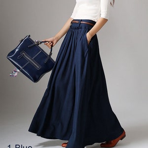 Swing lange linnen maxi rok voor dames, marineblauwe wandelrok, hoge taille swing geplooide rok met zak, damesrok, volledige rok 1046