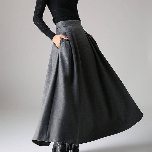 Wool Maxi Skirt, A-Line Pleated Skirt with Pockets