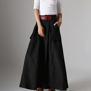 Long black A line skirt, pockets skirts, linen skirt, womens skirts, full length skirt, fall skirt, plus size skirt, custom made 0979#