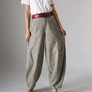 Loose fitting Womens grey linen pants with elastic waist 1930