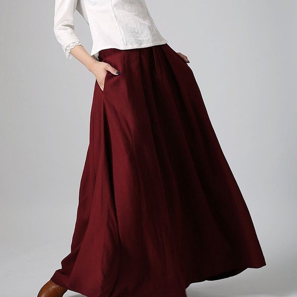 Burgundy skirt, linen skirt, maxi linen skirt, Asymmetrical skirt, women linen skirt, linen skirt pockets, women linen clothing 0910#