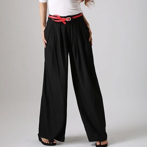 Black linen pants outfit summer casual street styles, Women's Wide leg linen pants with pockets, Long linen palazzo pants 0873 image 2