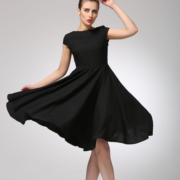 Little black dress, Knee Length Swing dress, Cap sleeve Modest party dress from women, Summer Linen Midi dress, fit and flared dress 1263#