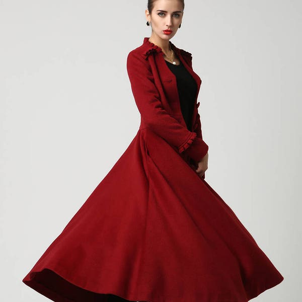 long winter coat, red coat, maxi coat, wool coat, Dress coat, swing coat, princess coat, womens coats, ladies coats, Mod clothing, 1104#
