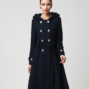 Women's military wool coat with hood in navy blue 1114# Women's military wool coat with hood in navy blue 1114#