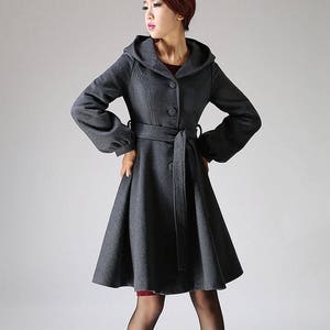 Long sleeve Hooded swing coat, winter wool coat, hooded wool coat, gray coat, A-Line Shape coat, midi length coat with lantern sleeves 1073 Dark gray-1073-10#6