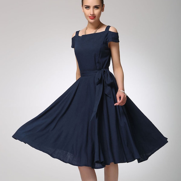 Vintage Fit & Flare Midi Dress, Off Shoulder dress, Navy Blue dress, mod dress, Swing dress, linen clothing, Custom party dress 1262#