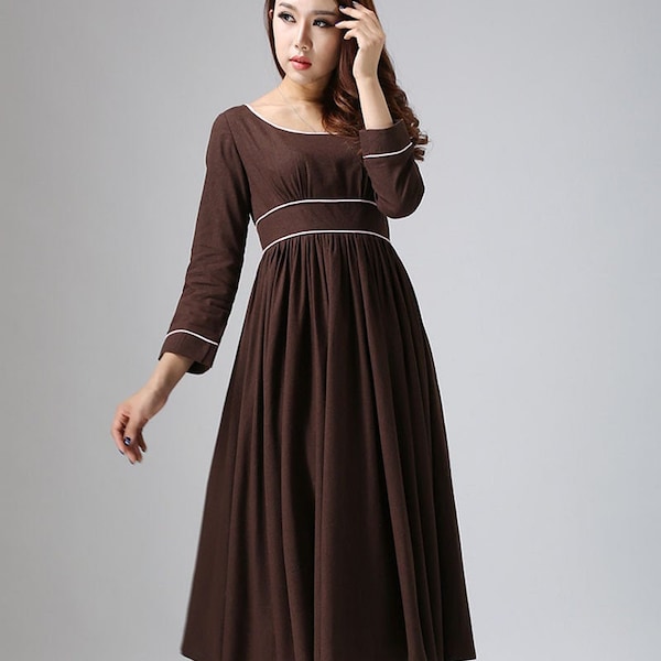 Tea Length Brown Vintage Empire waist dress, Scoop Neck Linen Midi dress, Fit and flare dress, 3/4 Sleeve Swing party dress, Xiaolizi 0808#