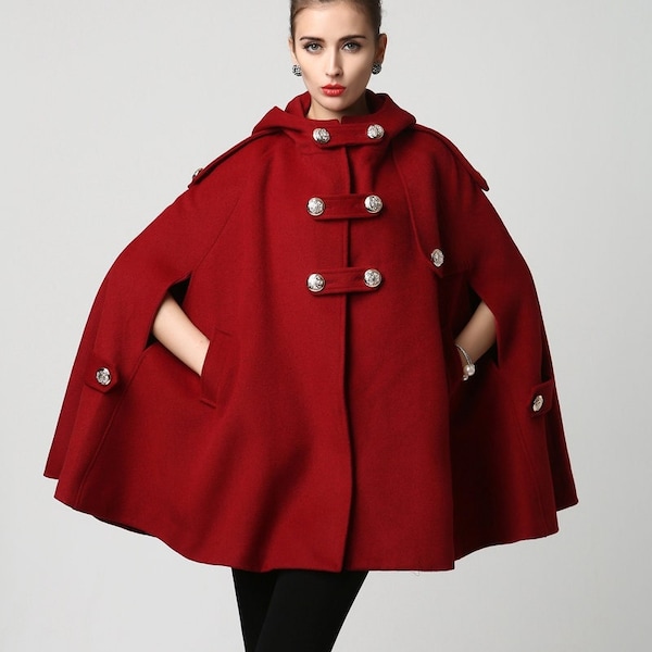 Women's Winter Red Wool Hooded Wool Cape Coat, Plus Size Cape Coat, Wool Cape Jacket, Wool Cloak, Military Cape, Custom Outwear 1130