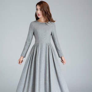 Grey wool dress, pleated dress, long dress, womens dresses, winter dress, fitted dress, warm dress, modern dress, winter fashion 1617#