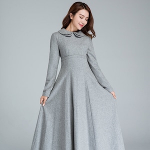 Gray dress women, wool dress, winter dress, womens dresses, fit and flare dress, pocket dress, high waisted dress, custom dress 1613#