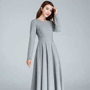 Long sleeve wool dress, Gray dress, Wool dress, woman dress, fit and flare dress, Swing dress, Vintage dress, Autumn winter dress 1616#