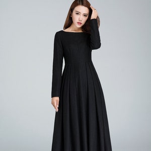 Black Winter Midi Wool Dress, Boat Neck Pleated Dress, Long Sleeve Dress with Pockets, Fitted and Flare Dress, Retro Day Dress 1622 image 3