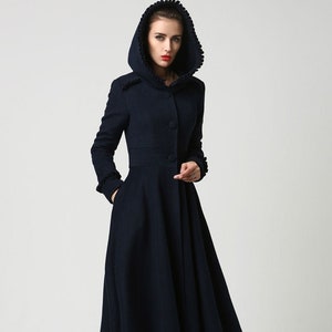 Long wool coat, Vintage inspired Navy Wool Swing coat, Womens coats, Wool Coat winter, Hooded Coat, Custom made coat, mod clothing  1102#