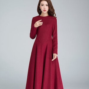 Red Midi winter Wool dress women 1618 Red Midi winter Wool dress women 1618
