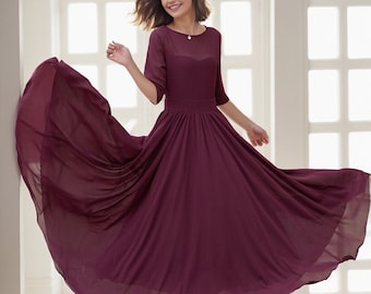 Chiffon Maxi dress, Fit and Flare Chiffon dress, Women burgundy dress, Summer Swing dress, Prom Chiffon dress, Custom Dress, Xiaolizi 5113