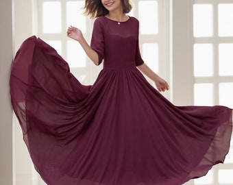 Maxi robe en mousseline de soie, robe ajustée et évasée en mousseline de soie, robe bordeaux pour femme, robe évasée d'été, robe de bal en mousseline de soie, robe personnalisée, Xiaolizi 5113