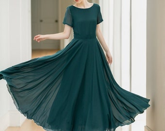 Chiffonkleid, Chiffon Damenkleid, Grünes Kleid, Sommer-Chiffonkleid, Chiffon Maxikleid, Fit und Flare Kleid, Kleid nach Maß, Xiaolizi 5144