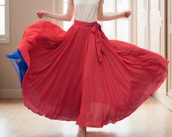 Chiffon Maxi Skirt Women, Red and blue chiffon skirt, Swing Full Circle Skirt, Boho Elastic Waist Skirt with Belted, Plus Size Skirt 5108