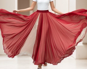 Red Long Chiffon Maxi Skirt Women, Swing Full Circle Skirt, Boho Maxi Skirt, Elastic Waist Chiffon Skirt, Plus Size Skirt, Xiaolizi 5151