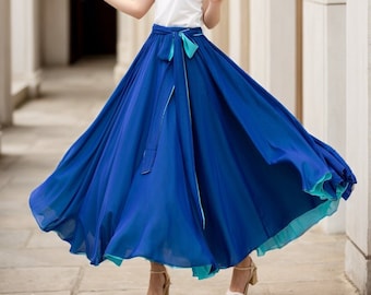Chiffon Maxi Skirt Women, Summer Swing Chiffon Skirt, Blue Full Circle skirt, Boho Elastic Waist Skirt with Sash, Plus Size Skirt 5170